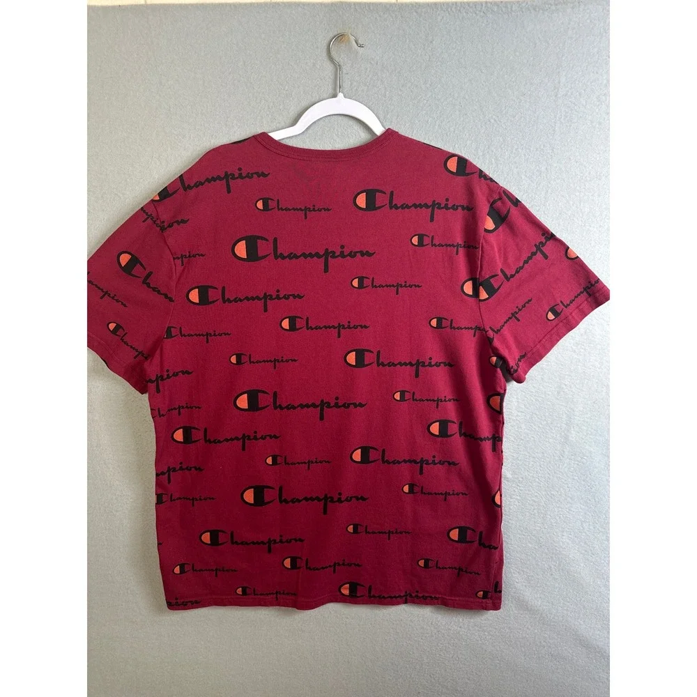 Champion Mens XL Maroon All Over Print Script Logo Short Sleeve‎ T-Shirt Cotton - Picture 5 of 7